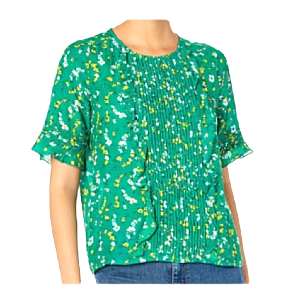 Lucky Brand Green Floral Print Cropped Ruffle Front Top szM